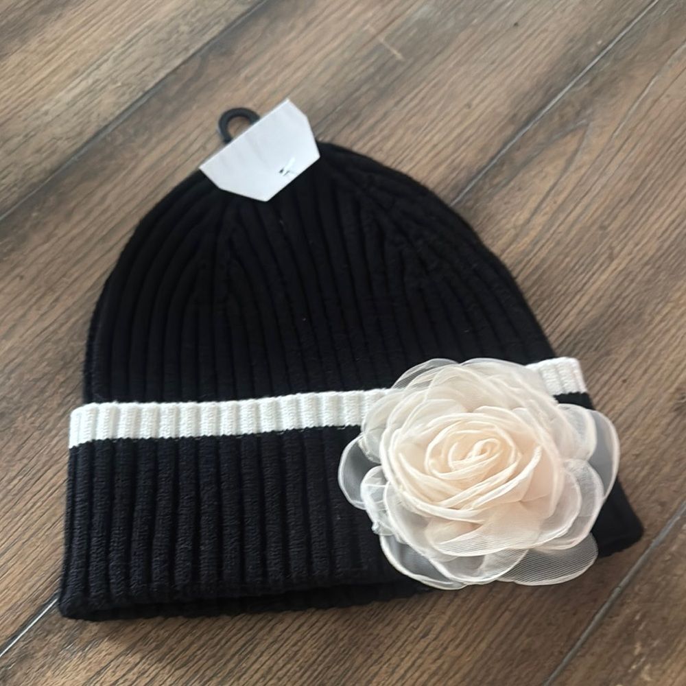 NWT *French Girl* COQUETTE Black Beanie with Large Ivory Sheer Rose Accent